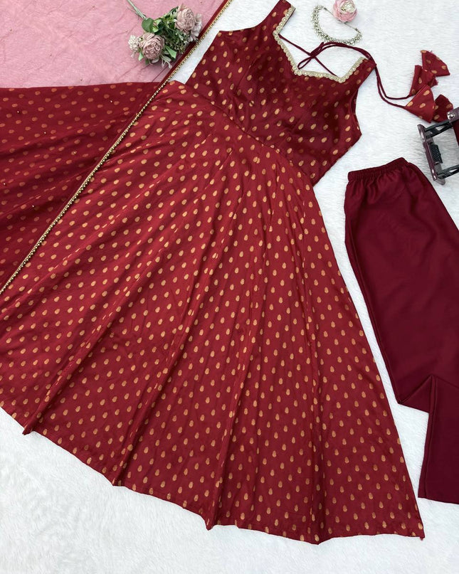 Chanderi Jacquard Butti Anarkali Set | Fancy Lace & Pearl Dupatta | Festive 3-Piece - Rosepetals Luxe