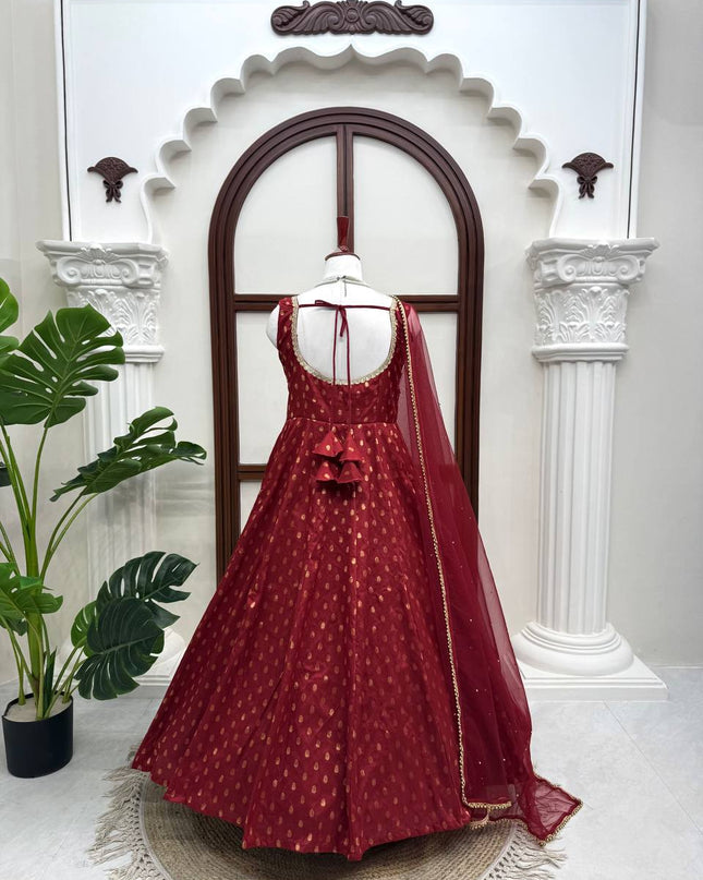 Chanderi Jacquard Butti Anarkali Set | Fancy Lace & Pearl Dupatta | Festive 3-Piece - Rosepetals Luxe