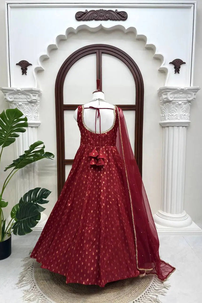 Chanderi Jacquard Butti Anarkali Set | Fancy Lace & Pearl Dupatta | Festive 3-Piece - Rosepetals Luxe