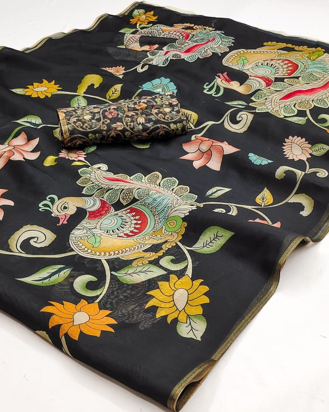 Chanderi Linen Kalamkari Printed Saree with Weaving Border | Lightweight Ethnic Wear - Rosepetals Luxe