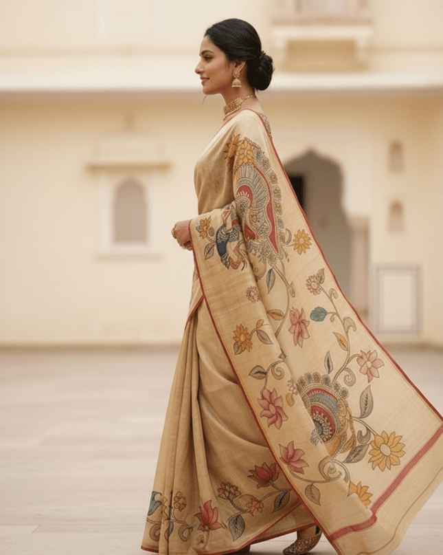 Chanderi Linen Kalamkari Printed Saree with Weaving Border | Lightweight Ethnic Wear - Rosepetals Luxe