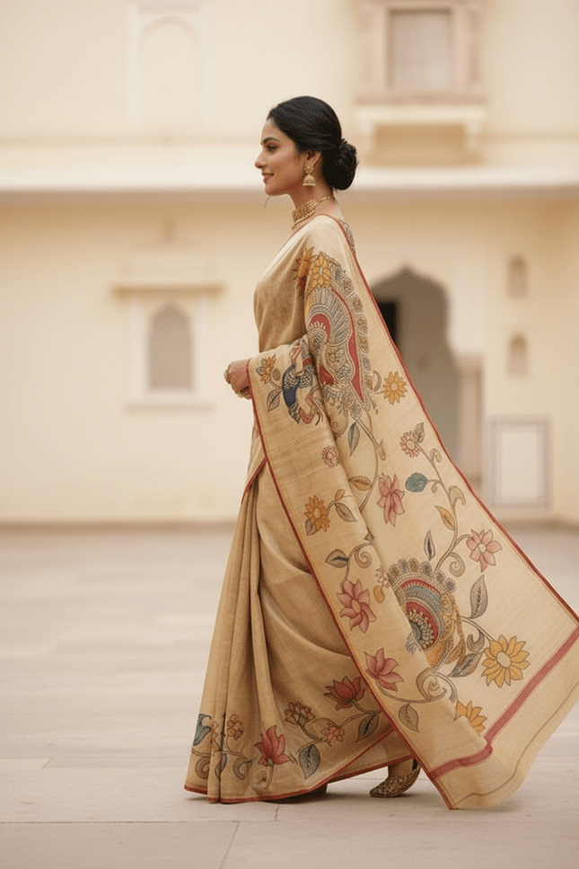 Chanderi Linen Kalamkari Printed Saree with Weaving Border | Lightweight Ethnic Wear - Rosepetals Luxe