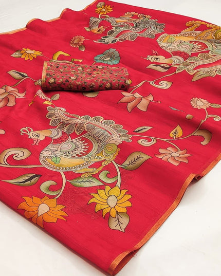 Chanderi Linen Kalamkari Printed Saree with Weaving Border | Lightweight Ethnic Wear - Rosepetals Luxe
