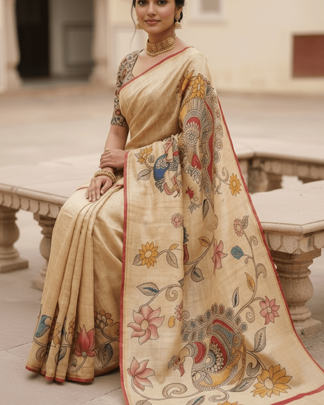 Chanderi Linen Kalamkari Printed Saree with Weaving Border | Lightweight Ethnic Wear - Rosepetals Luxe
