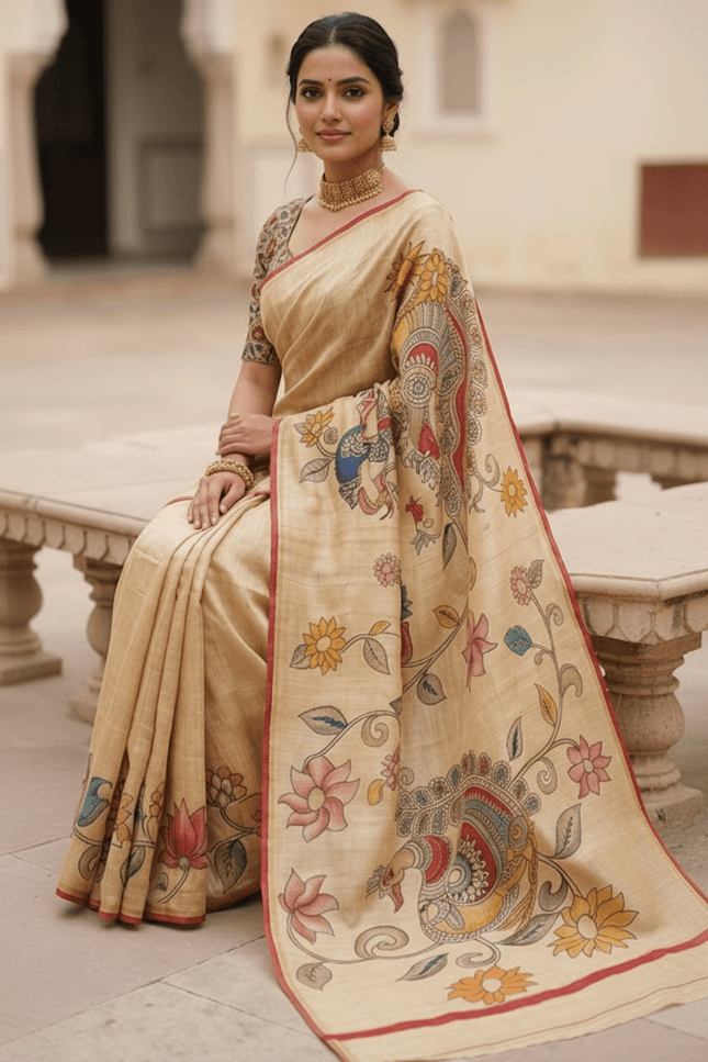 Chanderi Linen Kalamkari Printed Saree with Weaving Border | Lightweight Ethnic Wear - Rosepetals Luxe