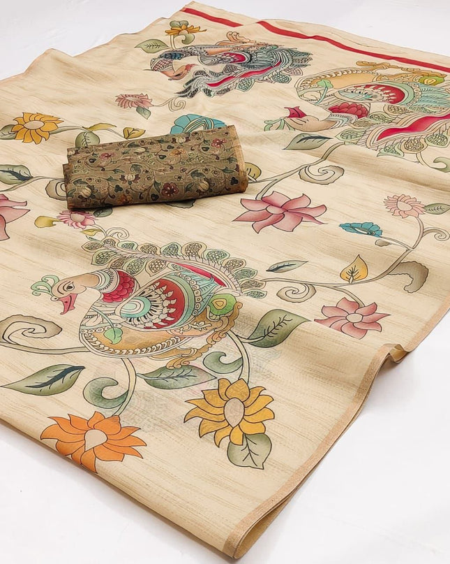 Chanderi Linen Kalamkari Printed Saree with Weaving Border | Lightweight Ethnic Wear - Rosepetals Luxe