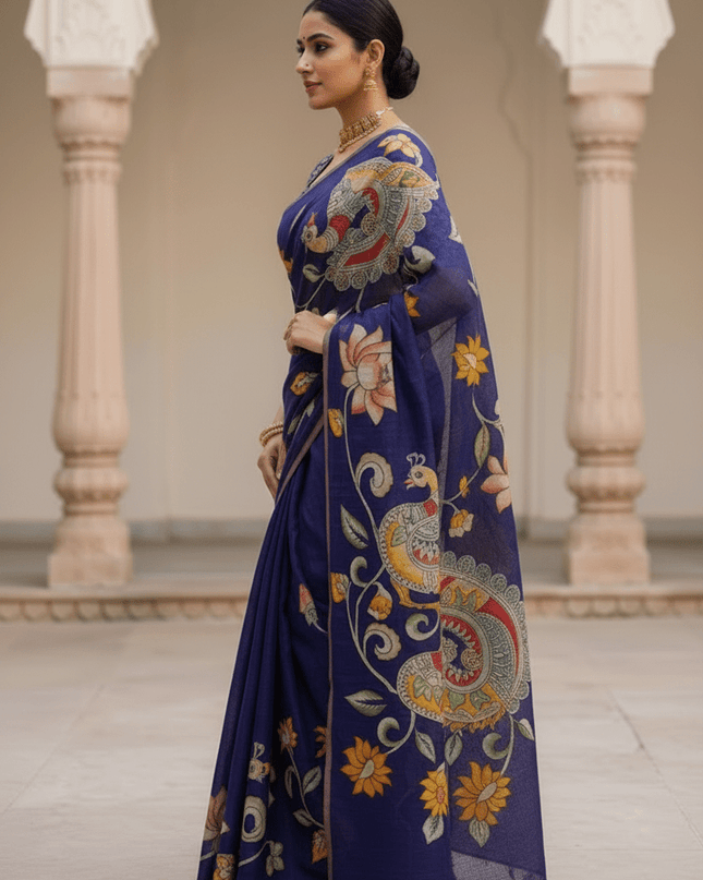 Chanderi Linen Kalamkari Printed Saree with Weaving Border | Lightweight Ethnic Wear - Rosepetals Luxe