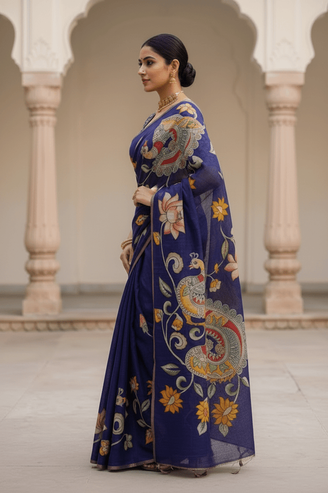 Chanderi Linen Kalamkari Printed Saree with Weaving Border | Lightweight Ethnic Wear - Rosepetals Luxe