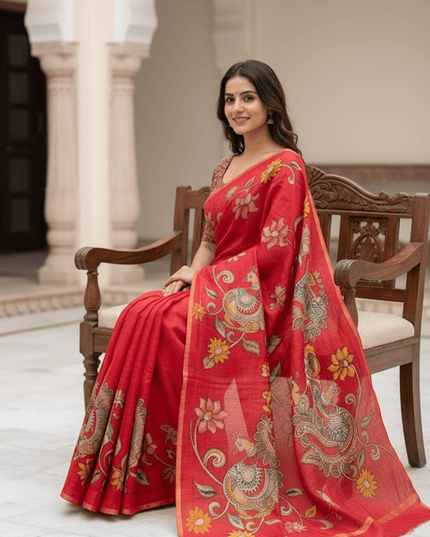 Chanderi Linen Kalamkari Printed Saree with Weaving Border | Lightweight Ethnic Wear - Rosepetals Luxe