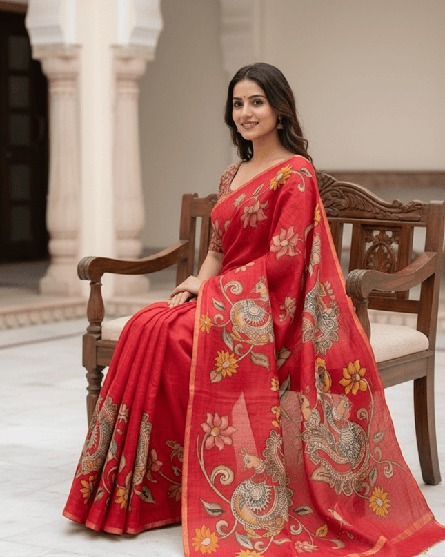 Chanderi Linen Kalamkari Printed Saree with Weaving Border | Lightweight Ethnic Wear - Rosepetals Luxe