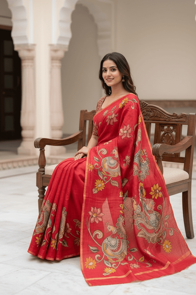 Chanderi Linen Kalamkari Printed Saree with Weaving Border | Lightweight Ethnic Wear - Rosepetals Luxe