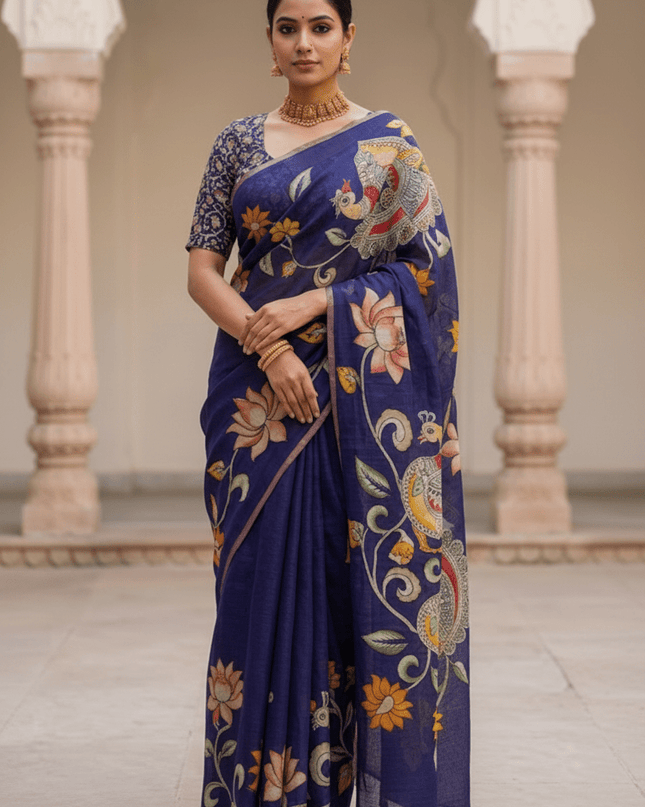 Chanderi Linen Kalamkari Printed Saree with Weaving Border | Lightweight Ethnic Wear - Rosepetals Luxe
