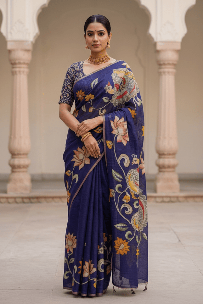 Chanderi Linen Kalamkari Printed Saree with Weaving Border | Lightweight Ethnic Wear - Rosepetals Luxe