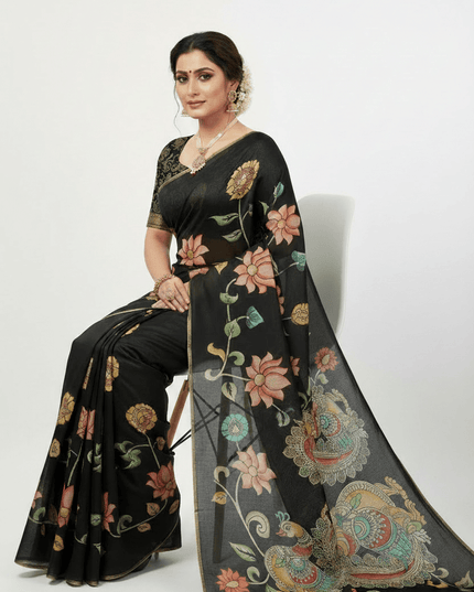 Chanderi Linen Kalamkari Printed Saree with Weaving Border | Lightweight Ethnic Wear - Rosepetals Luxe