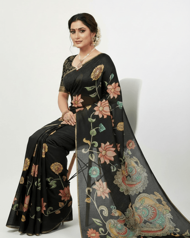 Chanderi Linen Kalamkari Printed Saree with Weaving Border | Lightweight Ethnic Wear - Rosepetals Luxe