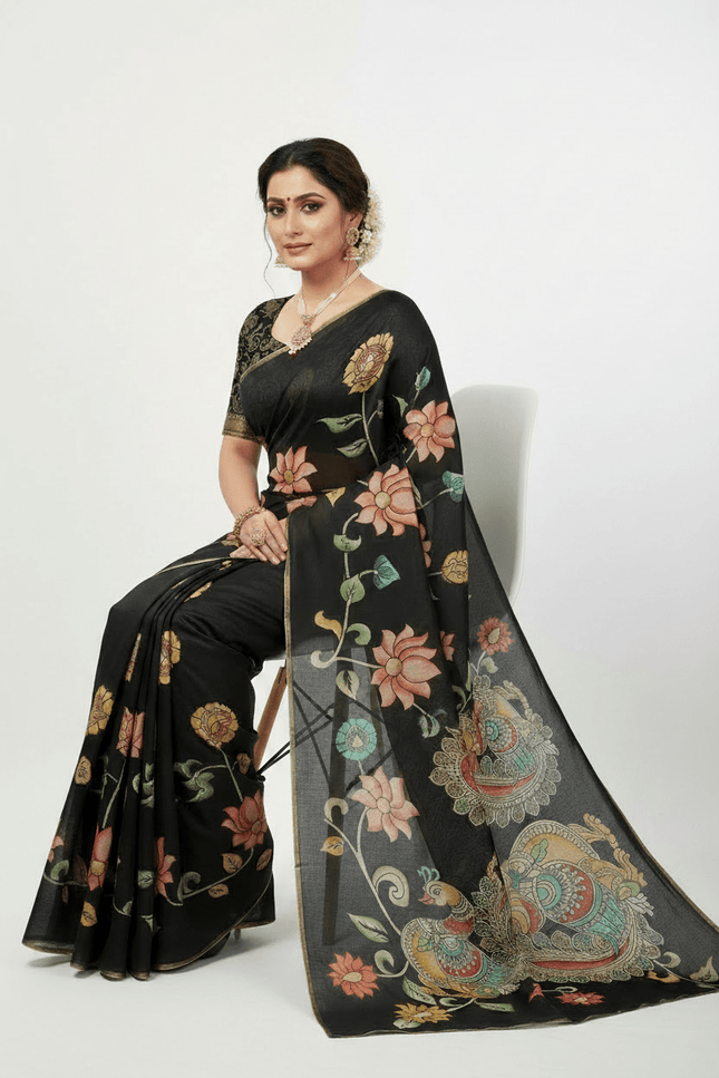 Chanderi Linen Kalamkari Printed Saree with Weaving Border | Lightweight Ethnic Wear - Rosepetals Luxe