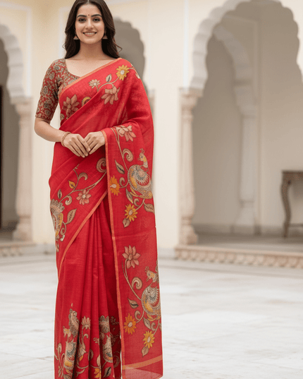 Chanderi Linen Kalamkari Printed Saree with Weaving Border | Lightweight Ethnic Wear - Rosepetals Luxe