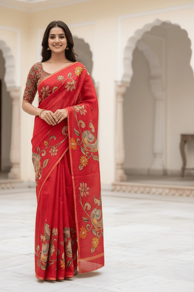 Chanderi Linen Kalamkari Printed Saree with Weaving Border | Lightweight Ethnic Wear - Rosepetals Luxe
