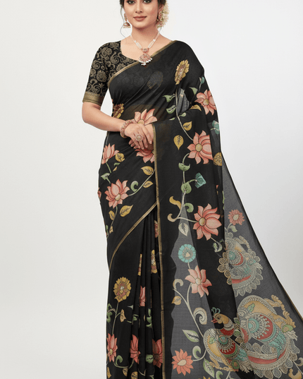 Chanderi Linen Kalamkari Printed Saree with Weaving Border | Lightweight Ethnic Wear - Rosepetals Luxe