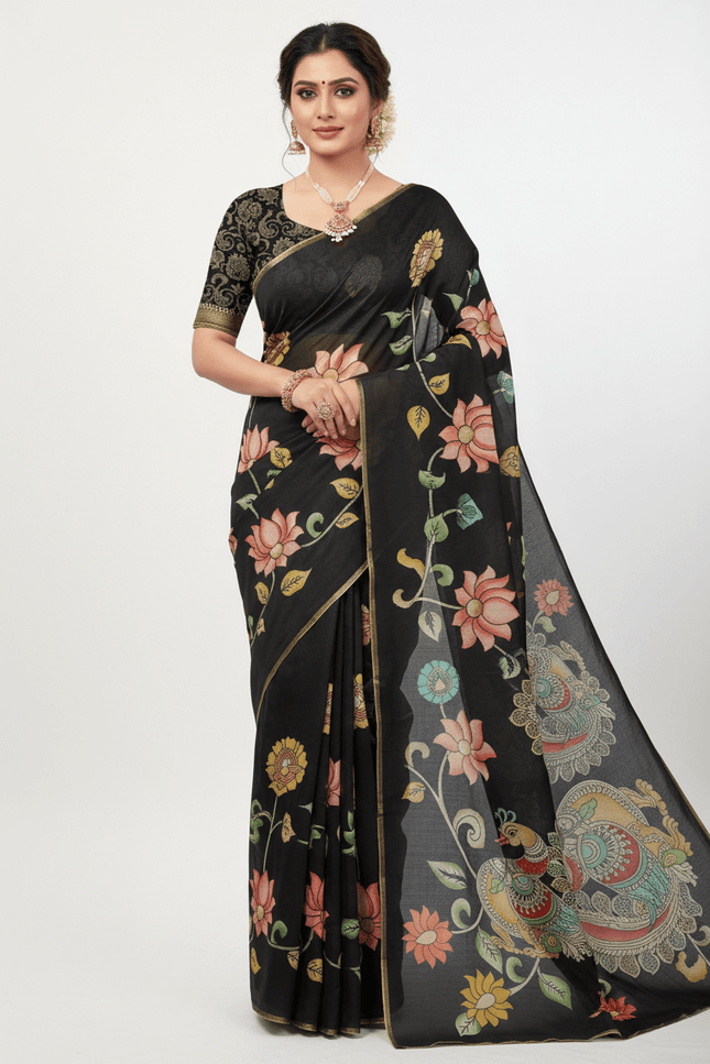 Chanderi Linen Kalamkari Printed Saree with Weaving Border | Lightweight Ethnic Wear - Rosepetals Luxe