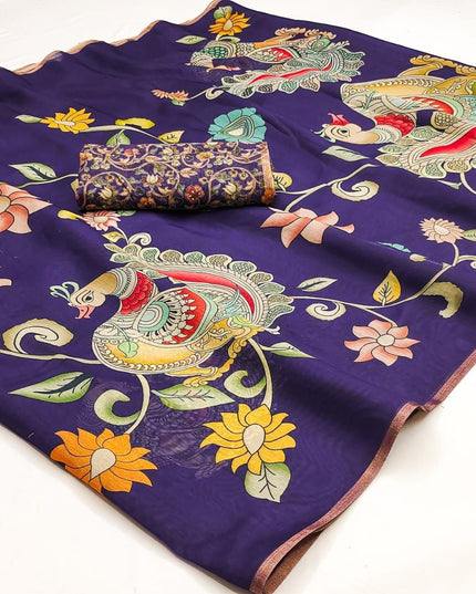 Chanderi Linen Kalamkari Printed Saree with Weaving Border | Lightweight Ethnic Wear - Rosepetals Luxe