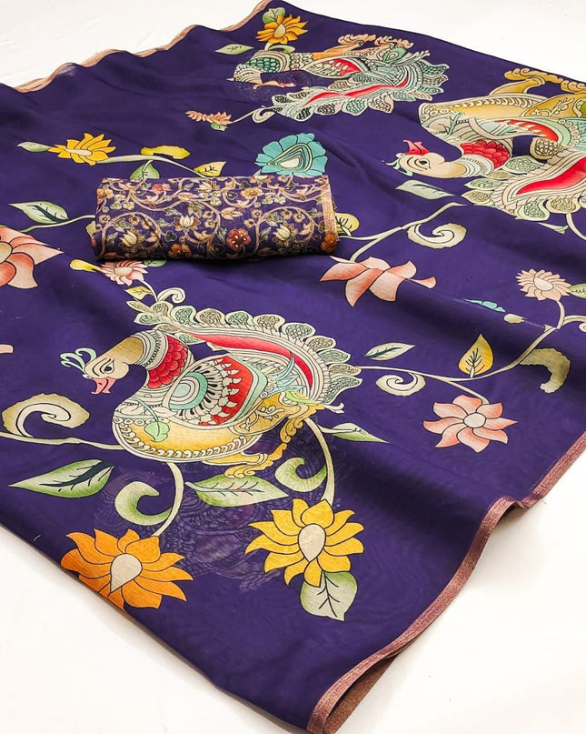 Chanderi Linen Kalamkari Printed Saree with Weaving Border | Lightweight Ethnic Wear - Rosepetals Luxe