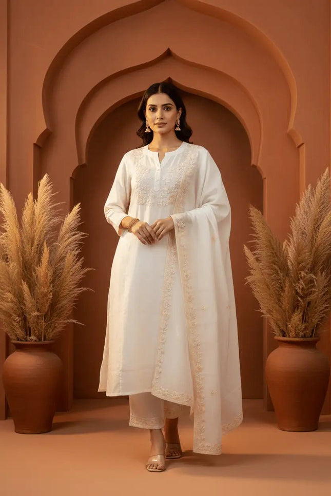 Chanderi Silk Blend Embroidered Kurta Pant Dupatta Set | Floral Thread Handwork – White, Pink & Sea Green - Rosepetals Luxe