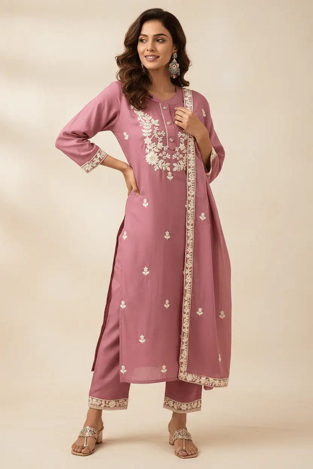 Chanderi Silk Blend Embroidered Kurta Pant Dupatta Set | Floral Thread Handwork – White, Pink & Sea Green - Rosepetals Luxe