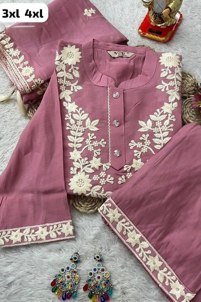 Chanderi Silk Blend Embroidered Kurta Pant Dupatta Set | Floral Thread Handwork – White, Pink & Sea Green - Rosepetals Luxe