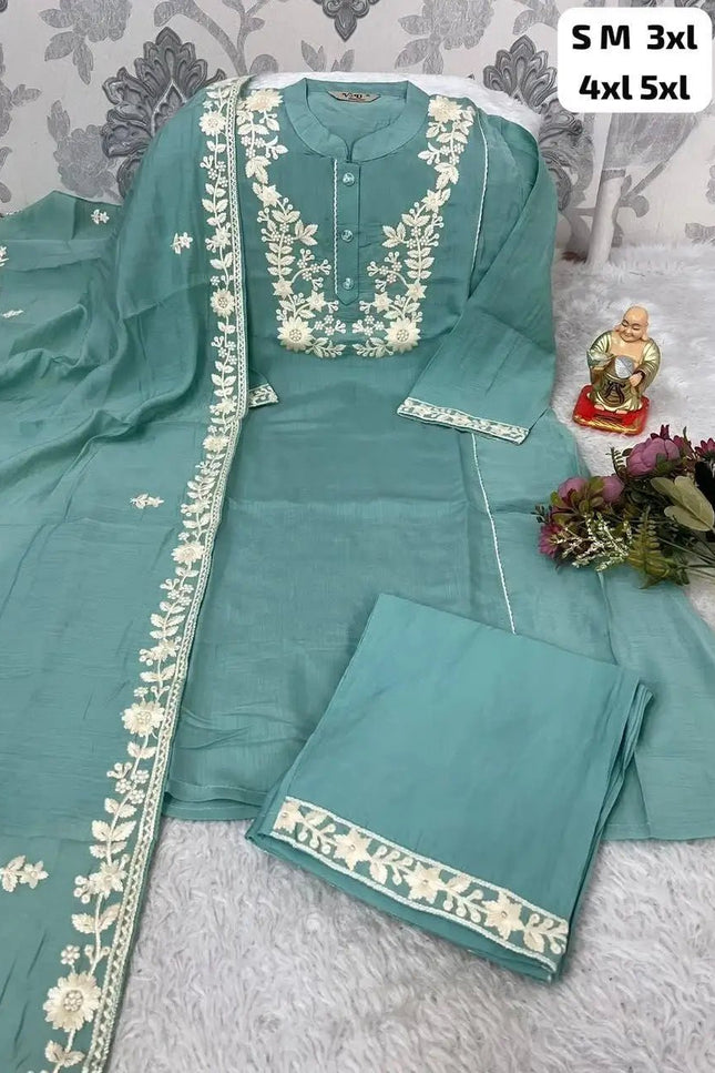 Chanderi Silk Blend Embroidered Kurta Pant Dupatta Set | Floral Thread Handwork – White, Pink & Sea Green - Rosepetals Luxe
