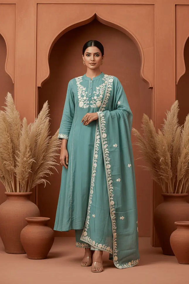 Chanderi Silk Blend Embroidered Kurta Pant Dupatta Set | Floral Thread Handwork – White, Pink & Sea Green - Rosepetals Luxe