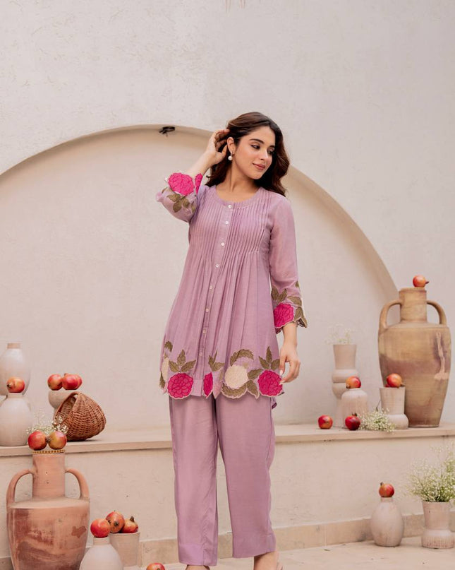 Chanderi Silk Embroidered Co-Ord Set | Festive 2-Piece | Peach Pink & Lavender - Rosepetals Luxe