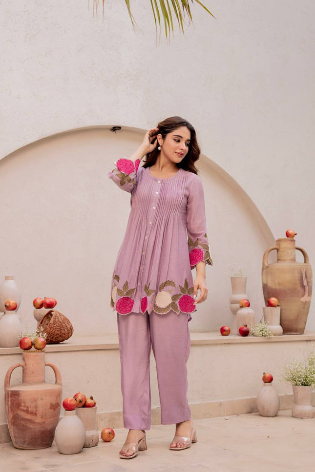 Chanderi Silk Embroidered Co-Ord Set | Festive 2-Piece | Peach Pink & Lavender - Rosepetals Luxe