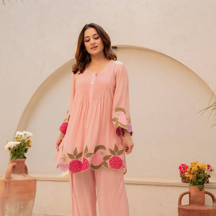 Chanderi Silk Embroidered Co-Ord Set | Festive 2-Piece | Peach Pink & Lavender - Rosepetals Luxe
