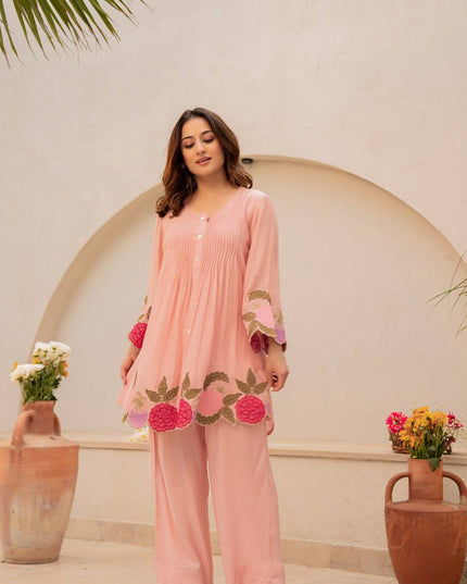 Chanderi Silk Embroidered Co-Ord Set | Festive 2-Piece | Peach Pink & Lavender - Rosepetals Luxe