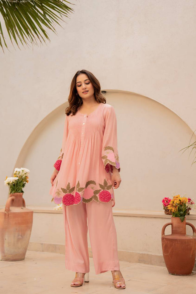 Chanderi Silk Embroidered Co-Ord Set | Festive 2-Piece | Peach Pink & Lavender - Rosepetals Luxe