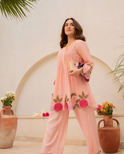 Chanderi Silk Embroidered Co-Ord Set | Festive 2-Piece | Peach Pink & Lavender - Rosepetals Luxe
