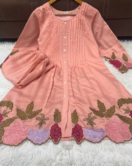 Chanderi Silk Embroidered Co-Ord Set | Festive 2-Piece | Peach Pink & Lavender - Rosepetals Luxe