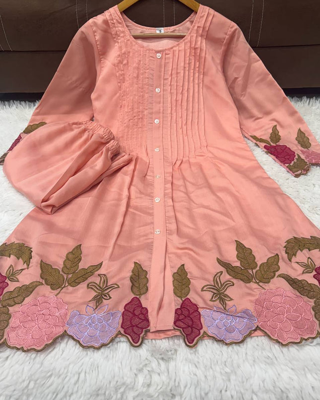Chanderi Silk Embroidered Co-Ord Set | Festive 2-Piece | Peach Pink & Lavender - Rosepetals Luxe