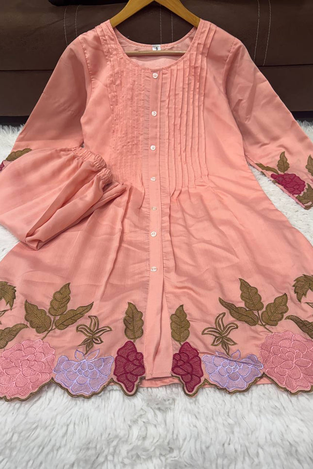 Chanderi Silk Embroidered Co-Ord Set | Festive 2-Piece | Peach Pink & Lavender - Rosepetals Luxe