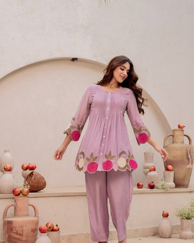 Chanderi Silk Embroidered Co-Ord Set | Festive 2-Piece | Peach Pink & Lavender - Rosepetals Luxe