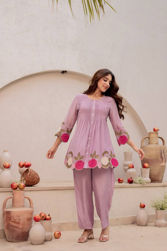 Chanderi Silk Embroidered Co-Ord Set | Festive 2-Piece | Peach Pink & Lavender - Rosepetals Luxe