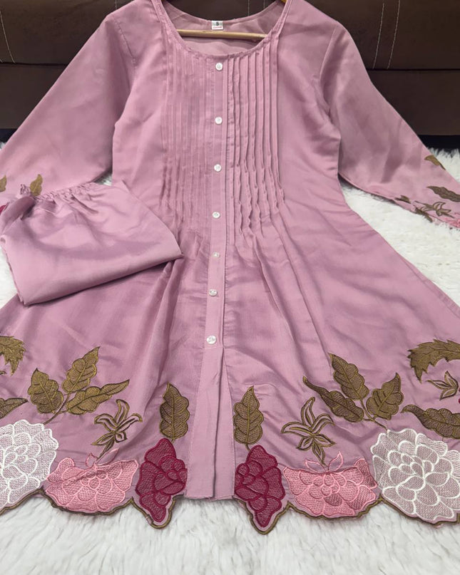 Chanderi Silk Embroidered Co-Ord Set | Festive 2-Piece | Peach Pink & Lavender - Rosepetals Luxe