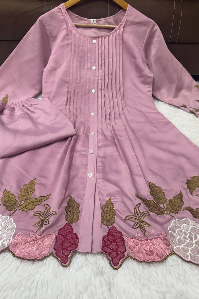 Chanderi Silk Embroidered Co-Ord Set | Festive 2-Piece | Peach Pink & Lavender - Rosepetals Luxe