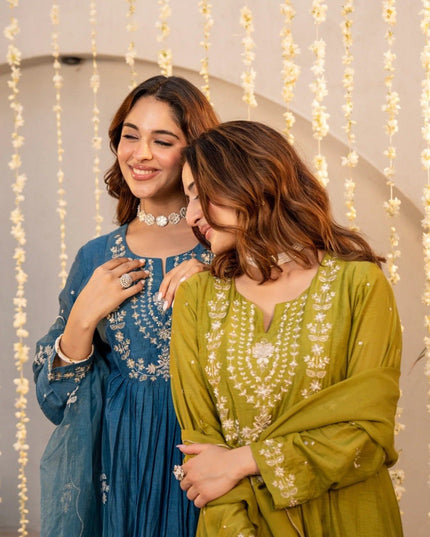 Chanderi Silk Top, Bottom & Dupatta Set - Rosepetals Luxe