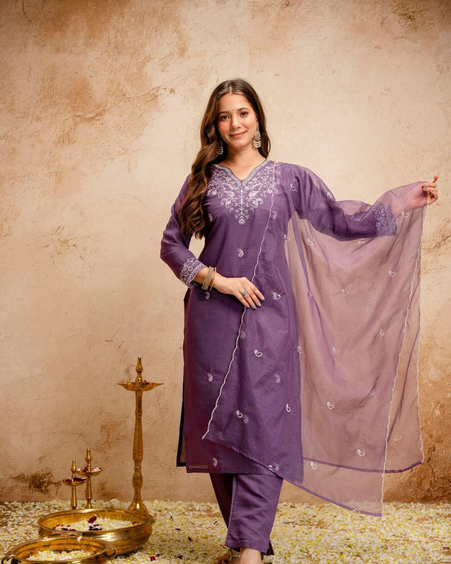 Chanderi Top & Bottom Set with Viscose Organza Dupatta - Rosepetals Luxe