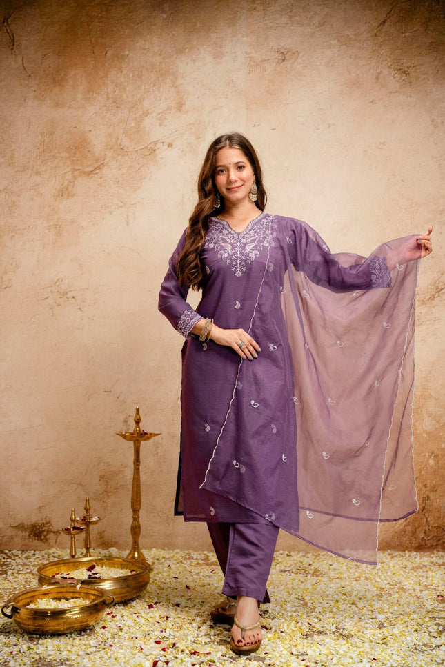 Chanderi Top & Bottom Set with Viscose Organza Dupatta - Rosepetals Luxe