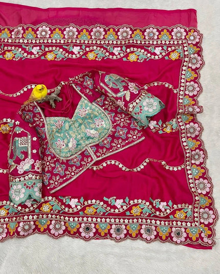 Cherry Red Rangoli Silk Embroidery Saree with Mirror Work & Stitched Blouse - Rosepetals Luxe