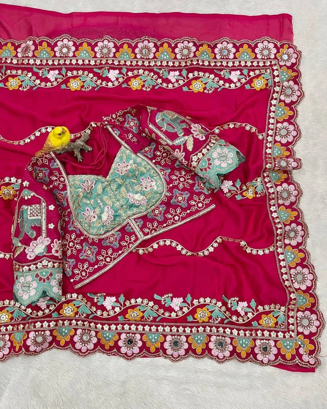 Cherry Red Rangoli Silk Embroidery Saree with Mirror Work & Stitched Blouse - Rosepetals Luxe
