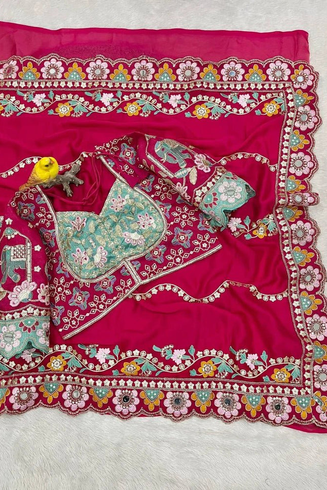 Cherry Red Rangoli Silk Embroidery Saree with Mirror Work & Stitched Blouse - Rosepetals Luxe